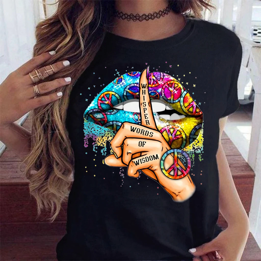 

WVIOCE Lips Watercolor Graphic T Shirt Lip Women Tops O-neck Sexy Black Tees Kiss Lip Funny Summer Female Soft T Shirt 9180