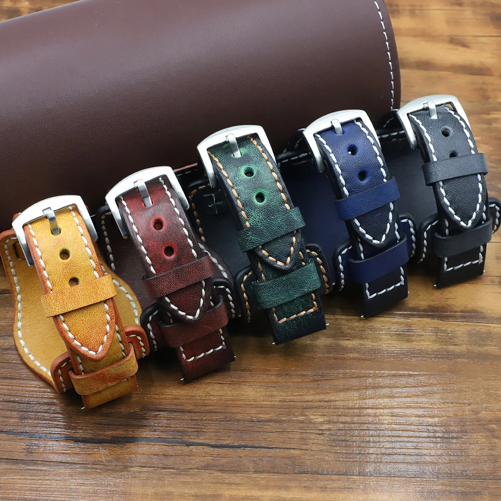 Vintage Handmade Watch Strap 20mm 22mm 24mm Cuff Genuine Leather Watchbands with Mat Cowhide Band for Fossil Watch