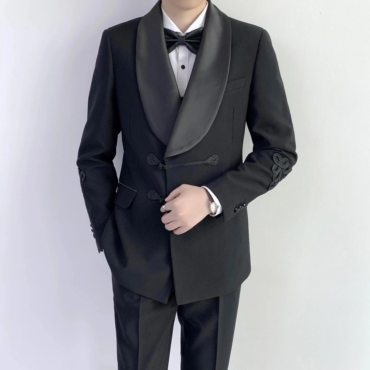 

Luxury Chinese Style Black Men Suits Costum Made Wedding Groom Tuxedo Terno Masculino Prom Slim Fit Blazer 2 Pcs Jacket Pant