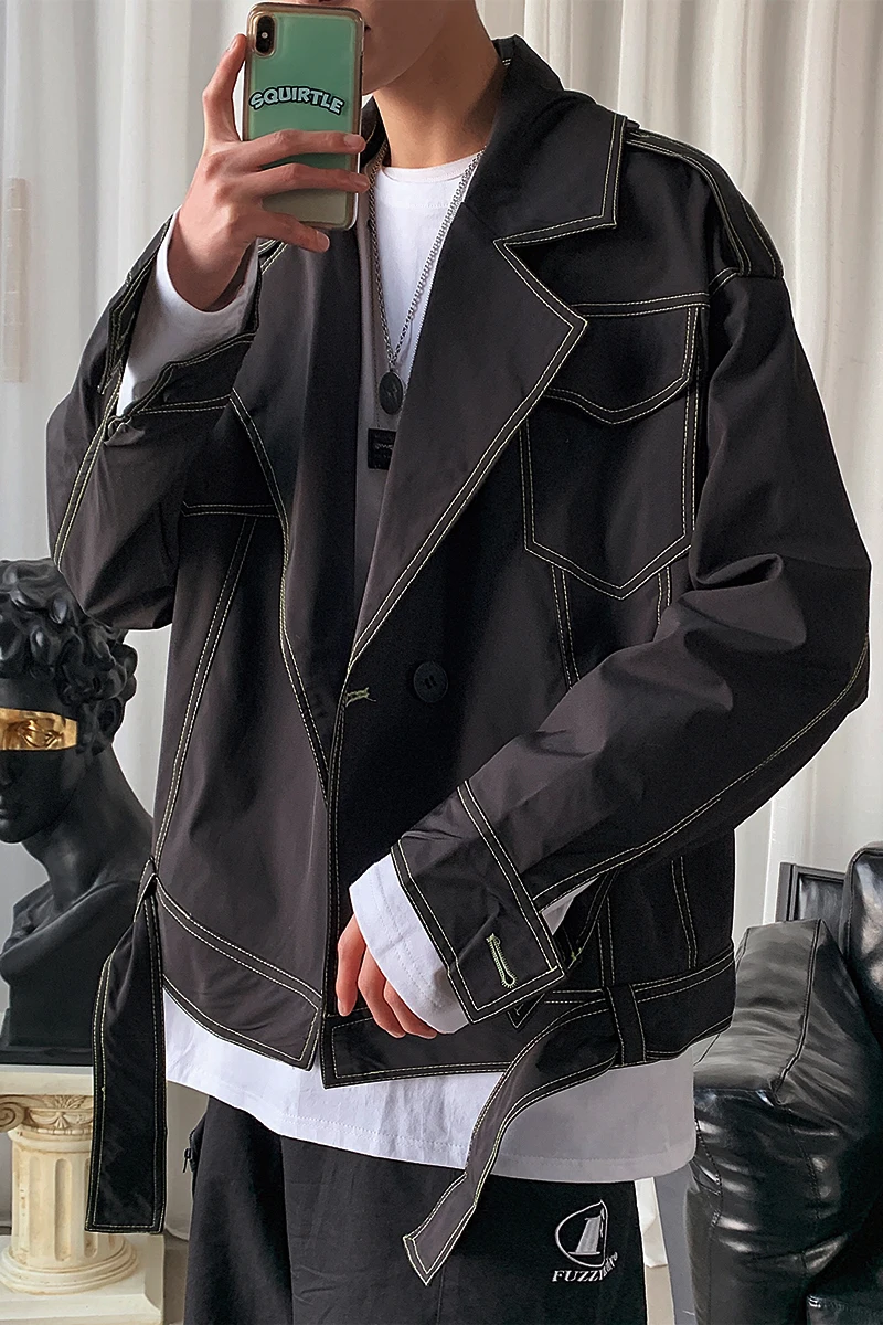 

2019 Autumn And Winter New Tide Brand Qiming Line Design Short Fashion Casual Loose Lapel Jacket Coat Black Army Green M XL