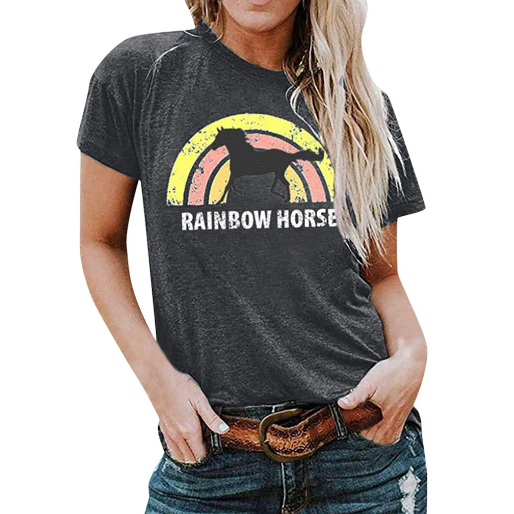 Харадзюку Женская футболка женская летняя обувь Raninbow рисунок лошади с О образным