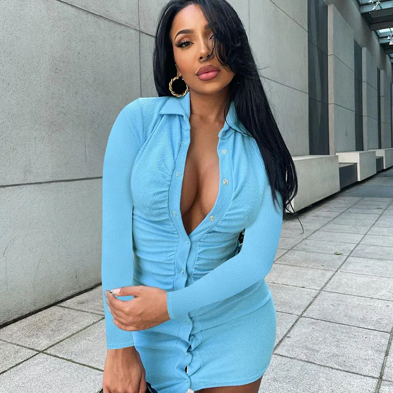 

Трикотажное платье-рубашка в рубчик с длинным рукавом, женское мини-платье с отложным воротником на пуговицах, уличная одежда, облегающие п...