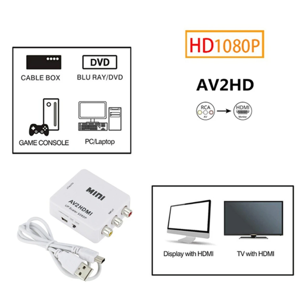 Преобразователь PzzPss MINI RCA AV в HDMI HD 1080P 2 адаптер для ТВ X box PS4 ПК DVD проектора