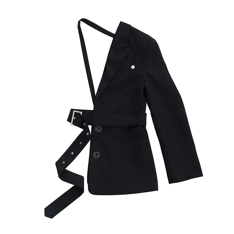 

[EAM] Women Black Irregular Bandsage Blazer New Lapel Long Sleeve Loose Fit Jacket Fashion Tide Spring Autumn 2021 1DB062