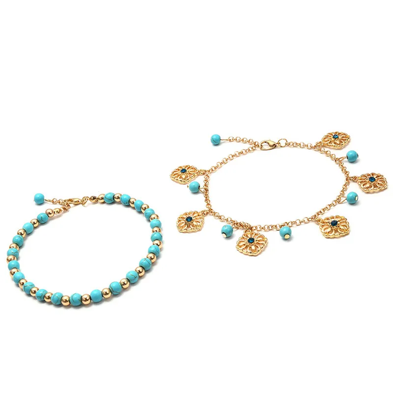 

2Pcs/set Unique Green Howlite Bead Flower Pendant Ankle Bracelet Foot Jewelry Chain Anklet Souvenir
