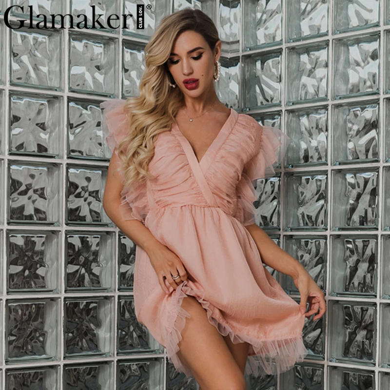 Женское короткое плиссированное платье Glamaker элегантное вечернее Сетчатое мини с