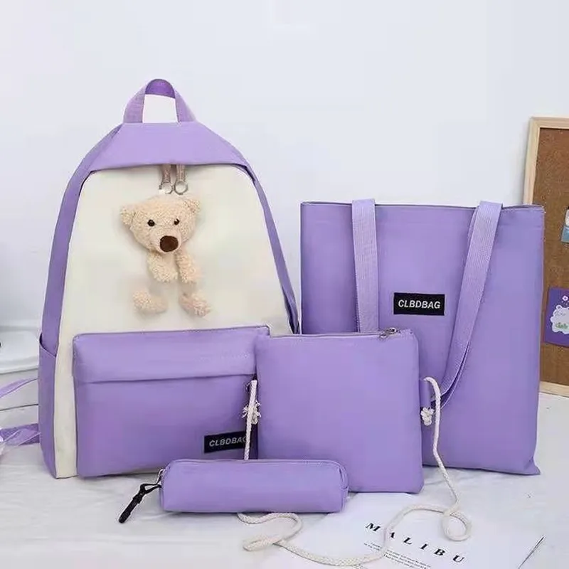 

4 Pieces/Set Student Cute Bear Pattern Backpack Teen Girl Letter Print Shoulder Birthday Gift Retro School Bag 2021