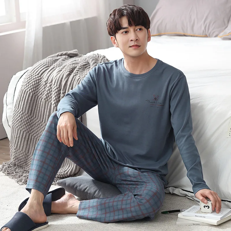 

Long-sleeved Round-neck Men's Pajamas Spring and Autumn Cotton Thin Hedging Loose Large Size Two-piece Suit Mens Lounge Wear