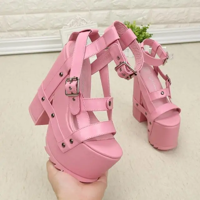 

Woman Genuine Leather Open Toe Sandals New Style Pink Platform Chunky Heel Sandals Summer Fashion Hollow Buckle Strap Shoes