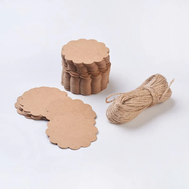 

100pcs Paper Tag Price Tags with Hemp Cord String Flower for Candy/Gift/Cookies/Jewelry Display Packing Label Card 60x0.5mm