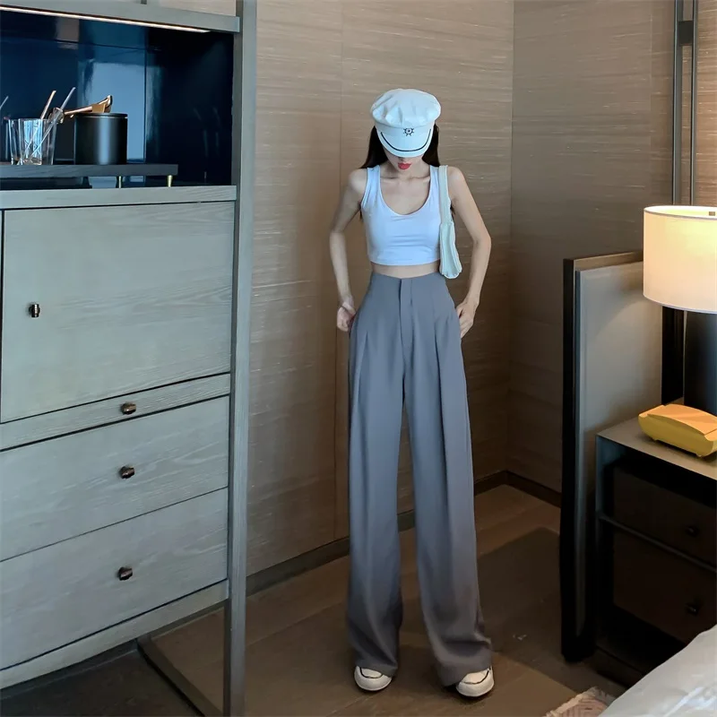 

Limiguyue Gray Suit Pants Women High Waist wide leg pants Female Summer Thin Loose Straight Long Trousers CaprisWorkwear K650