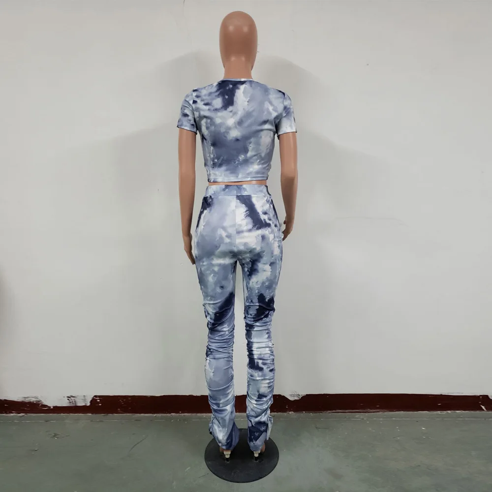 

Women Tracksuit Tie Dye Print Two Piece Set Summer Clothes V Neck Short Sleeve Bandage Crop Top Split Hem Stacked Legging Suits