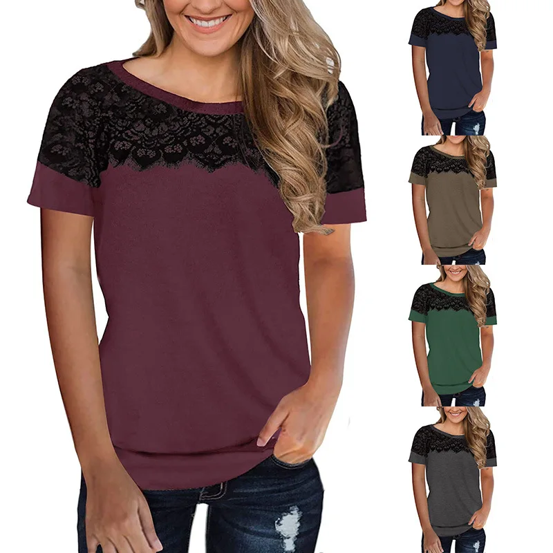 Женская футболка с коротким рукавом кружевная Элегантная составного кроя