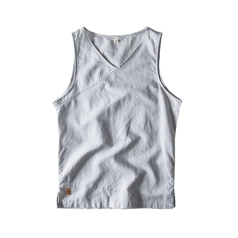 

Breathable Mens Cotton And Linen Vest Workout Tank Top V Neck Pacthwork Sleeveless Beach Casual Singlet Hawaii White Tops 4XL