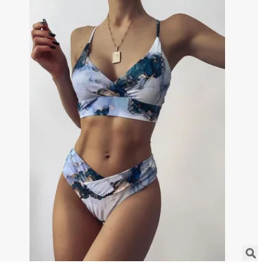 

2021 New Print Sport Bandeau Push up Bikinis Sexy Marble Women Swimsuit High Waist Swimwear Women Bathing Suit Beach Wear