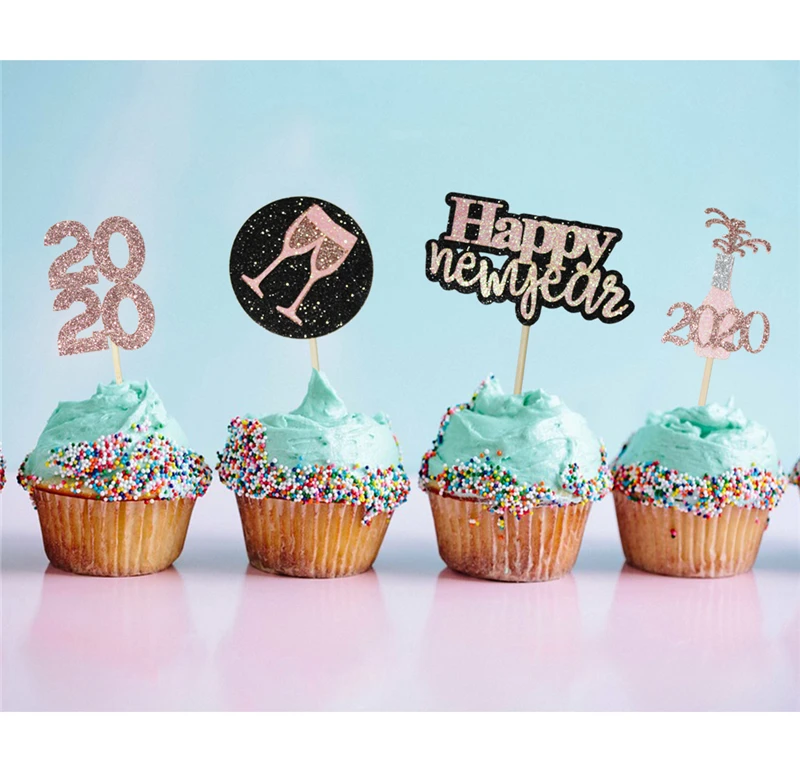 24 шт./упак. розовое золото с новым годом 2020 бумажный Топпер для кексов тортов