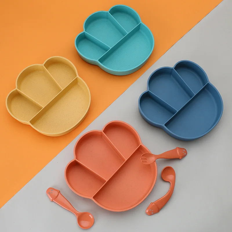 

4Pcs/Set Wheat Straw Baby Tableware Set Kids Dinner Dishes Portable Children Baby Feeding Divider Plate Training Bowl Spoon Fork