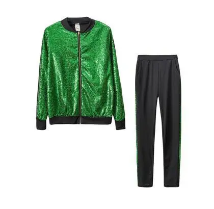 

2020 Spring Autumn Women European American Female Fashion Clothing Zipper Sequins Casual Cardigan Leisure Suit Two-piece