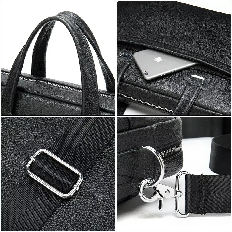Men's Black Briefcase For Documents Fashion Male Genuine Leather 14 inch Laptop Bag Travel Handbag Shoulder Bags For Men Bags