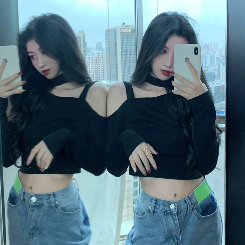 

Black Crop Top Off Shoulder Women's Clothing T Shirts Autumn Style Korean Clothes Halter Tees Hollow Out Fashion Brand New