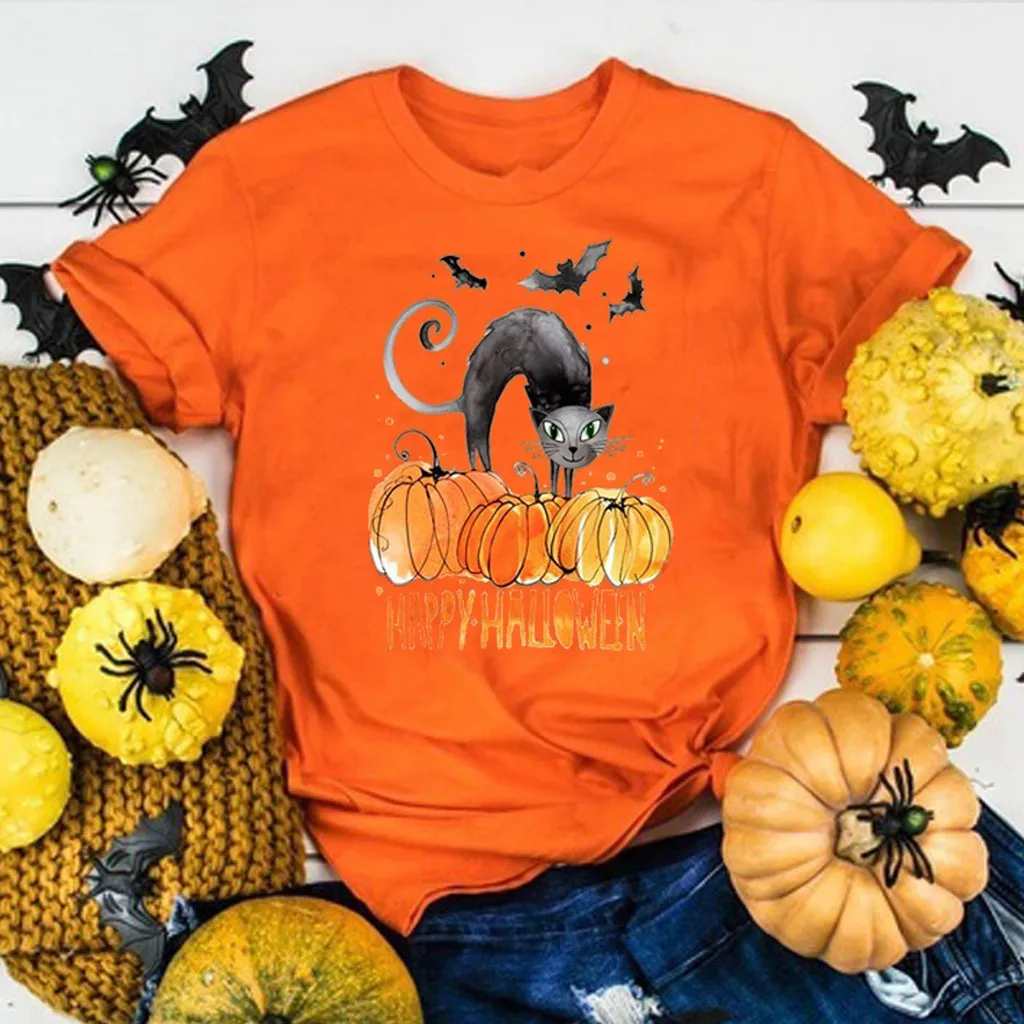 

Halloween Women's Short Sleeve Casual T-Shirt Cat Funny Print Tops Blouse 2020 latest style Bufanda mujer
