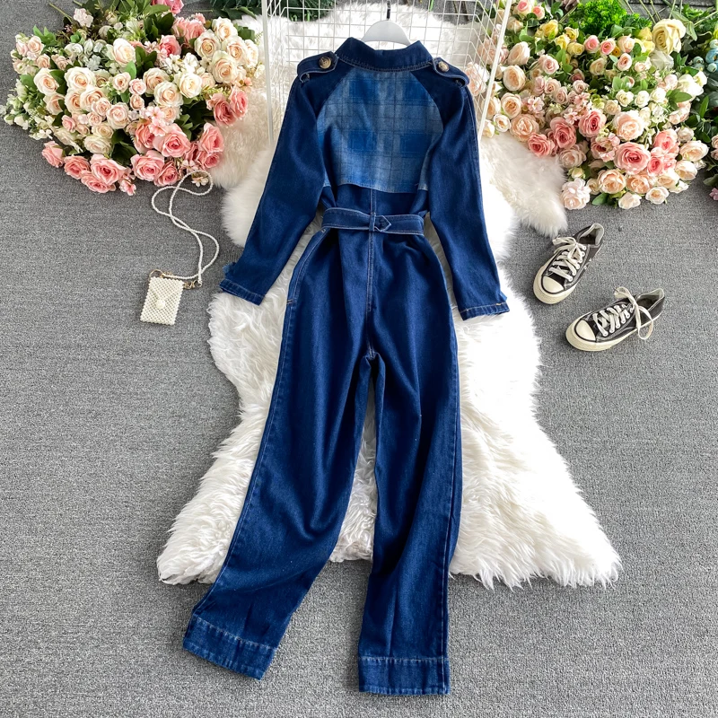 Fashion denim jumpsuit women spring autumn new high waist long sleeve stitching jumpsuit loose tooling Hong Kong flavor jumpsuit