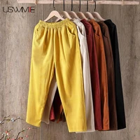 spring wide leg pants leisure simple high waist corduroy casual solid color pockets comfort casual turnip harlan women