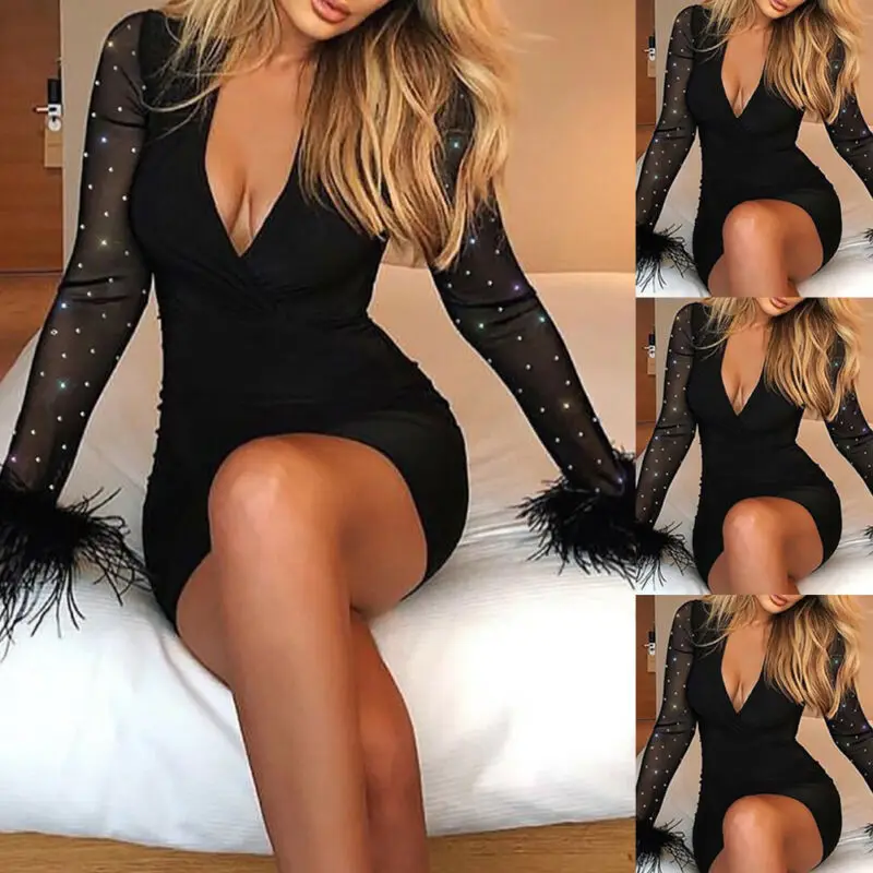 2020 Сексуальное женское платье с кристаллами и перьями облегающее v образным