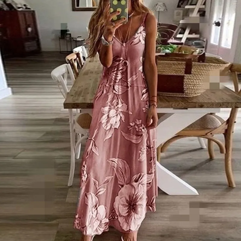 Women Halter V Neck Boho Dress Summer Sleeveless Floral Printed Long Beachwear Sundress 2020 Fashion Plus Size S-3XL | Женская одежда