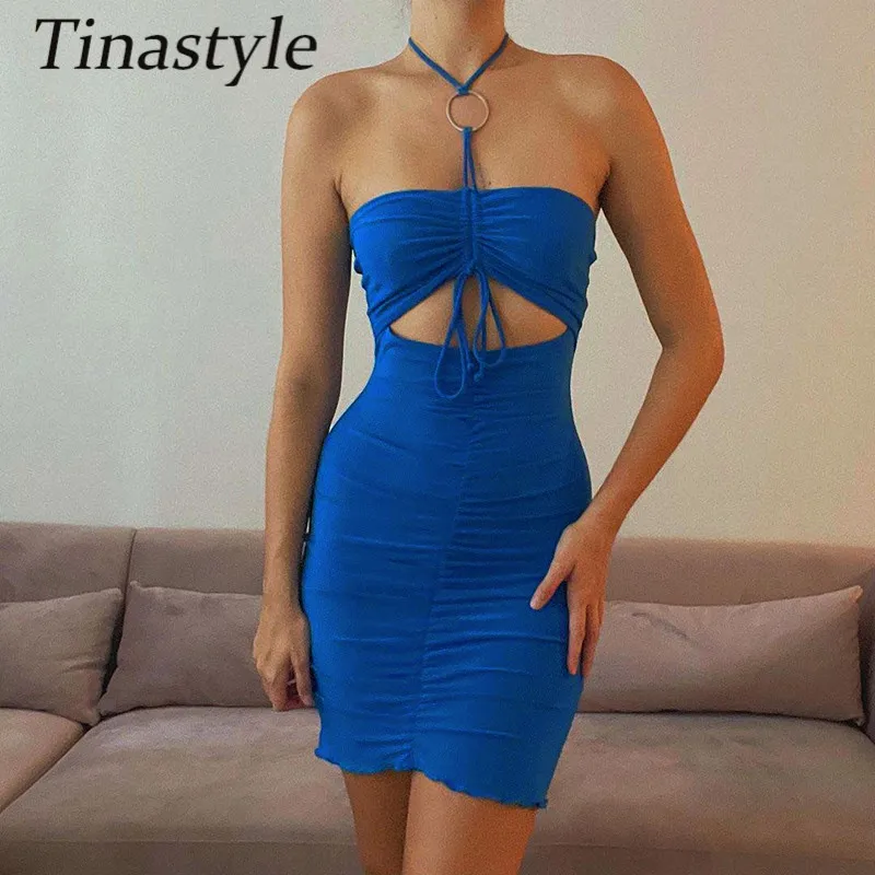 

Tinastyle Blue Halter Hollow Out Sexy Mini Dress Women Backless Bodycon Ruched Party Dress Vestidos Casual Party Dress Vestidos