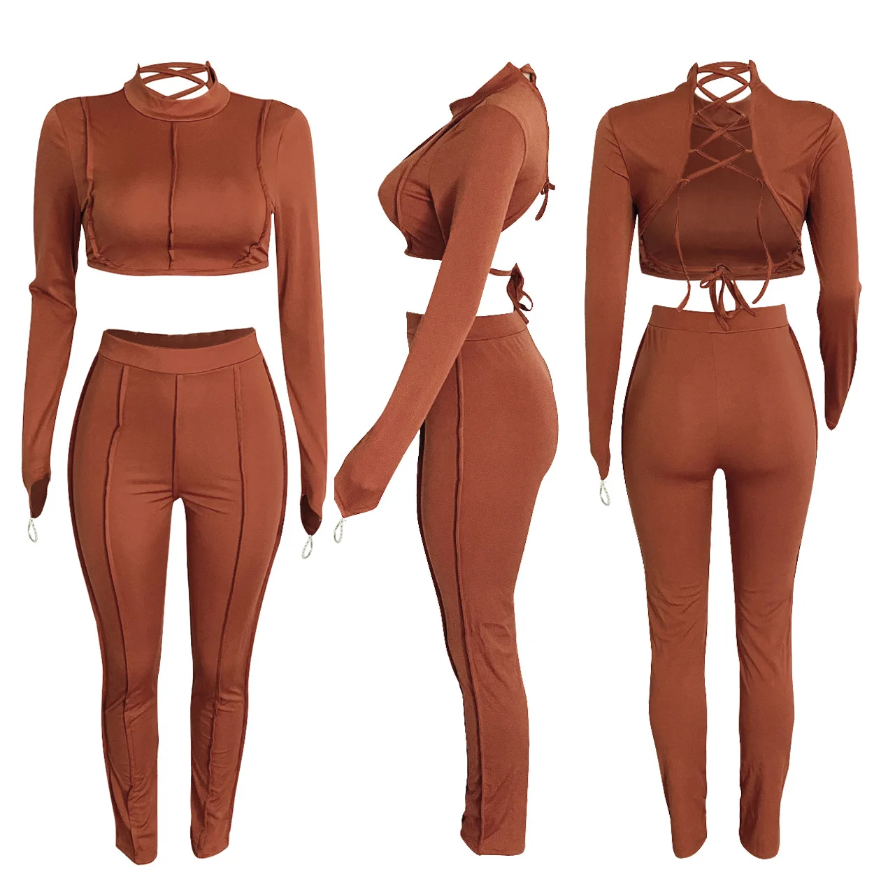 

Oluolin Women 2 Piece Set Long Sleeve Crop Top Tracksuit Autumn Winter Sexy Playsuit Female Bodycon T Shirt Leggings Streetwear