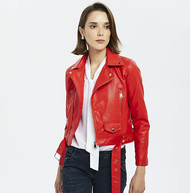 Autumn Winter Belt Zipper Basic Leather Jacket Pu Coat Motorcycle Biker Jacket Women Outwear Black Red Slim Short Winter Jacket