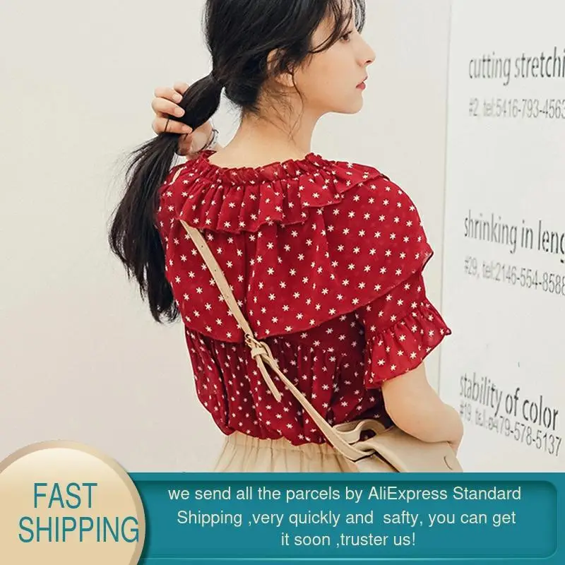 Женская блузка с коротким рукавом Garemay Красная Шифоновая Блузка рюшами в