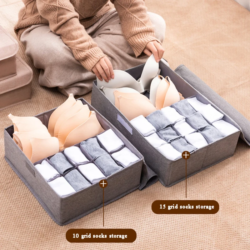 

Cotton Linen Storage Box With Lid Underwear Closet Foldable Drawer Divider Lidded Closet Organizer Storage Box For Socks Bra