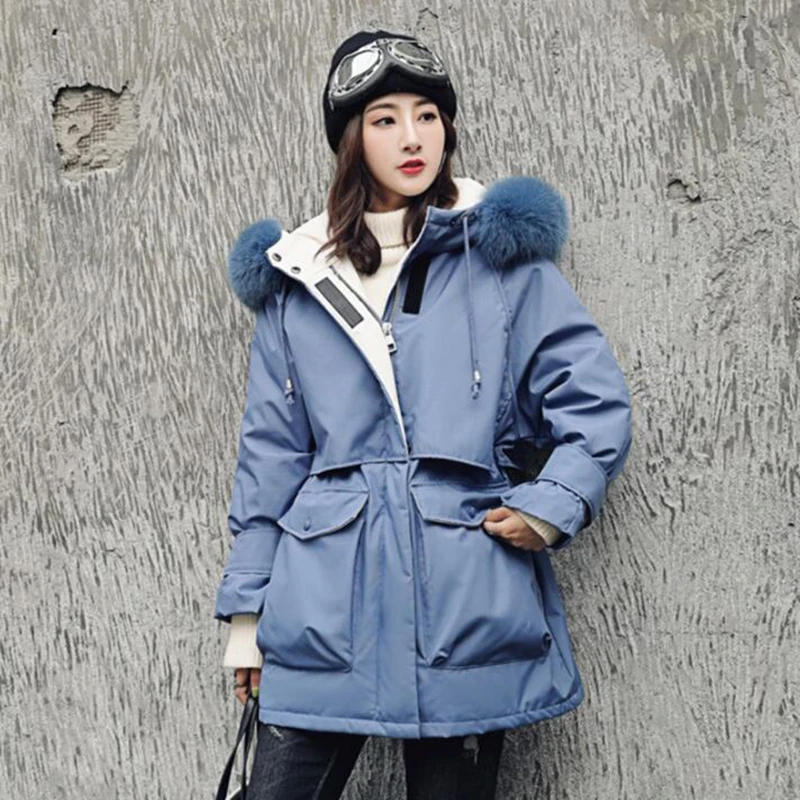 

Женский пуховик с капюшоном, с воротником из натурального Лисьего меха, зимний, 2019