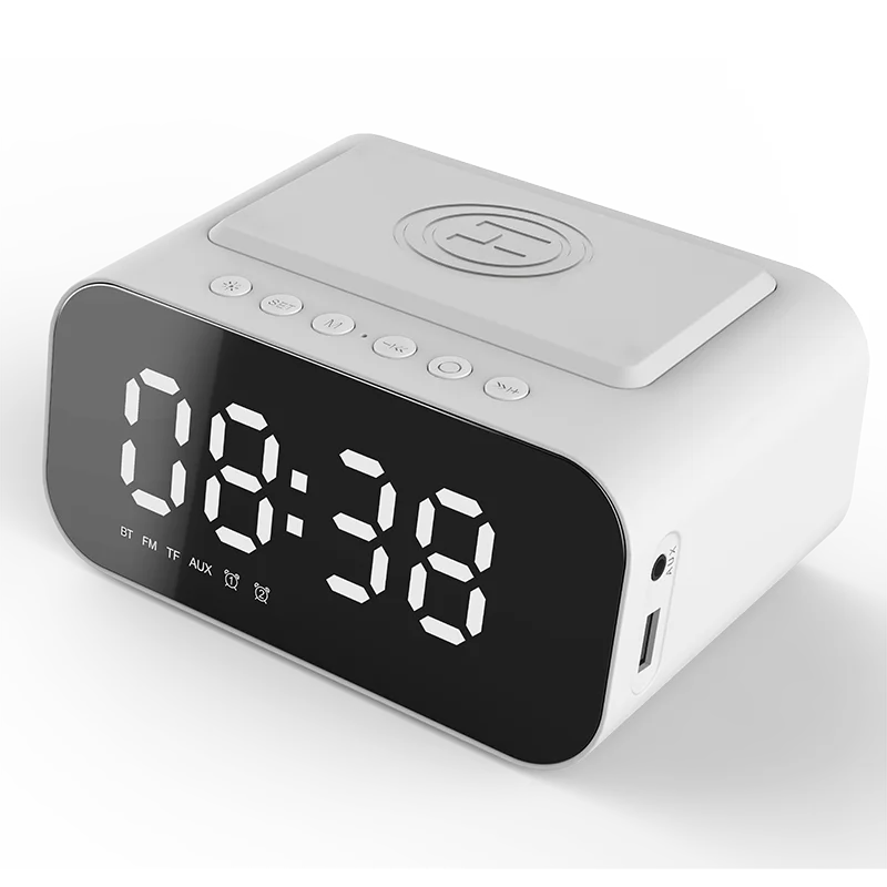 Digital Alarm Clock Bluetooth Speaker FM Radio Wireless Charger Phone Charging Pad  USB Fast Charger Table Clock