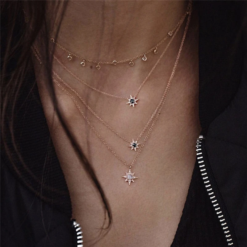 Boho винтажное модное многослойный ожерелье s для женщин Многоэлементный геометрический Хрустальный каменный кулон длинное ожерелье подарок ювелирные изделия - Окраска металла: NE-0054-15