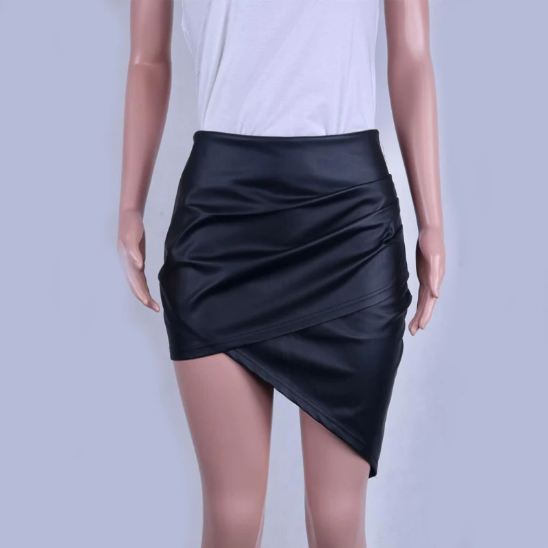 Женская юбка из искусственной кожи черная Клубная мини длиной до локтя весна