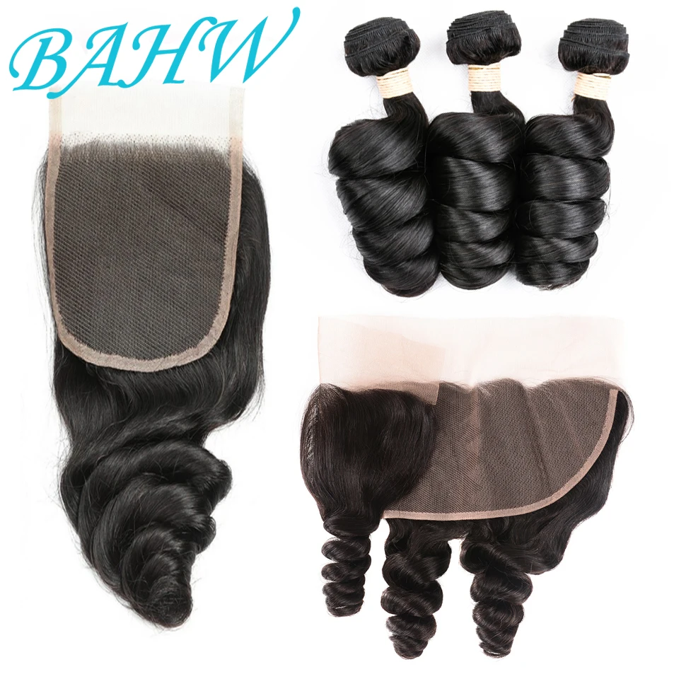 BAHW Hair Loose Wave 30'' Bundles with Closure Peruvian Hair Bundles with 4x4 Closure Remy 100% Human Hair Bundles with Frontal