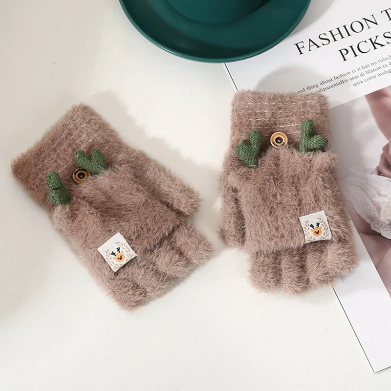 

Women Winter Warm Touch Screen Gloves Cute Cat claw Sensory Fingerless Knitted Gloves Fluff Outdoor Flip Cover Gloves 1 Pair