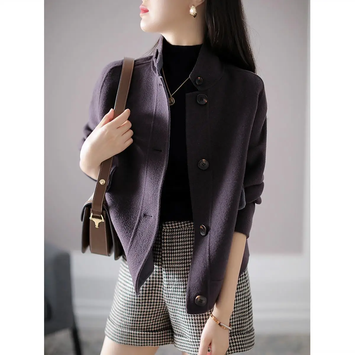 

2021 Gangfeng spring autumn new high-end fabric wool short coat woollen coat silhouette Fashion Top