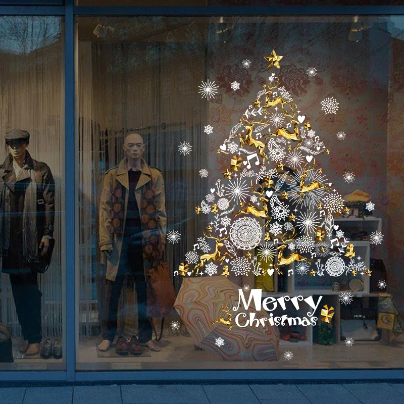 

Merry Christmas Wall Sticker Window Glass Decal Christmas Tree Elk Star Snowflakes Sticker Home Decor Removable Sticker