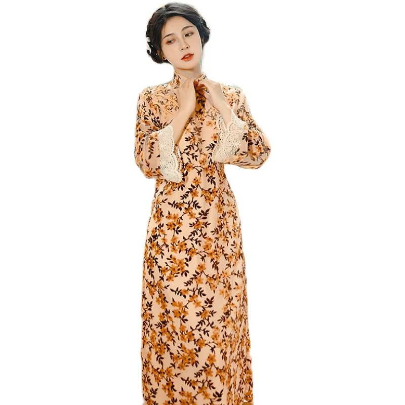 

COIGARSAM Full Sleeve Vintage Loose Dresses Collars Osmanthus Cheongsam 3681