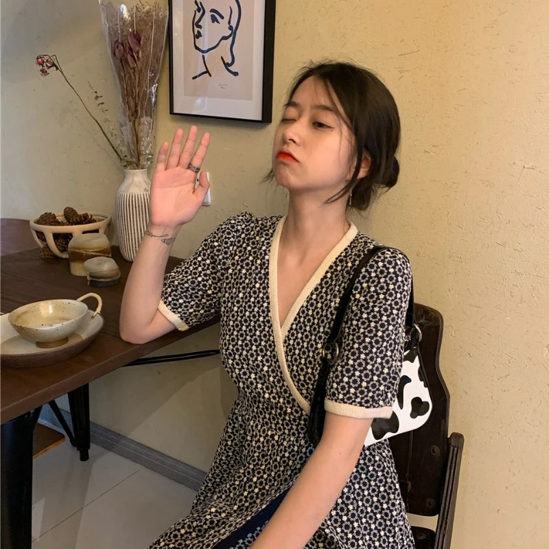 

Dress Female 2021 Summer New Women's Elegant Casual Print Short Sleeve Square Collar Temperament Dress Ladies Dress Y795