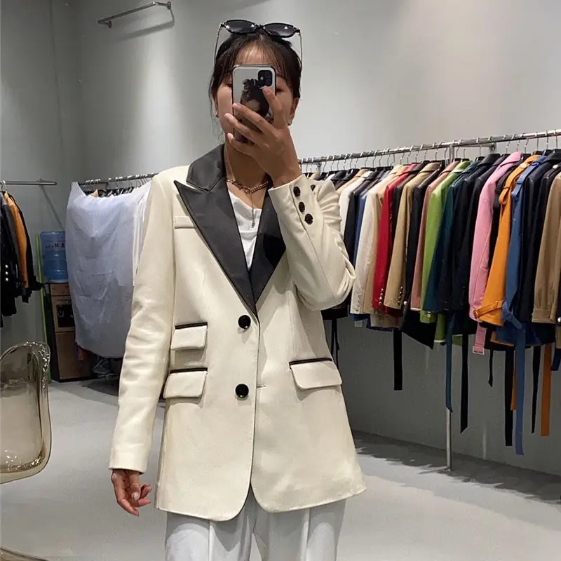 Women 100% real sheepskin black white jacket ladies autumn winter casual genuine leather suit blazer