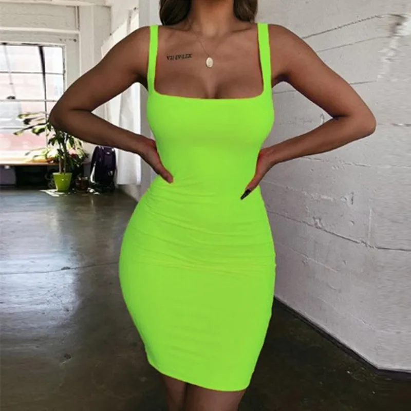 

Green dress Mini Bodycon Women Summer new fashion Dress Backless Sexy Wrap Neon sleeveless Dress jurk dames Club Party
