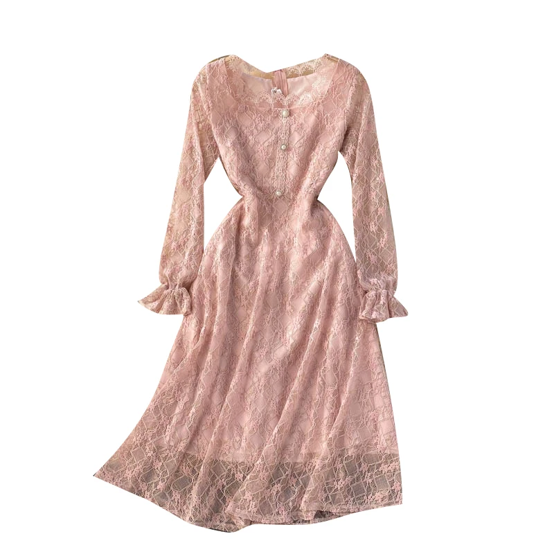 

temperament high end lace embroidered dress French square neck horn sleeve hollow hook flower feminine fashion