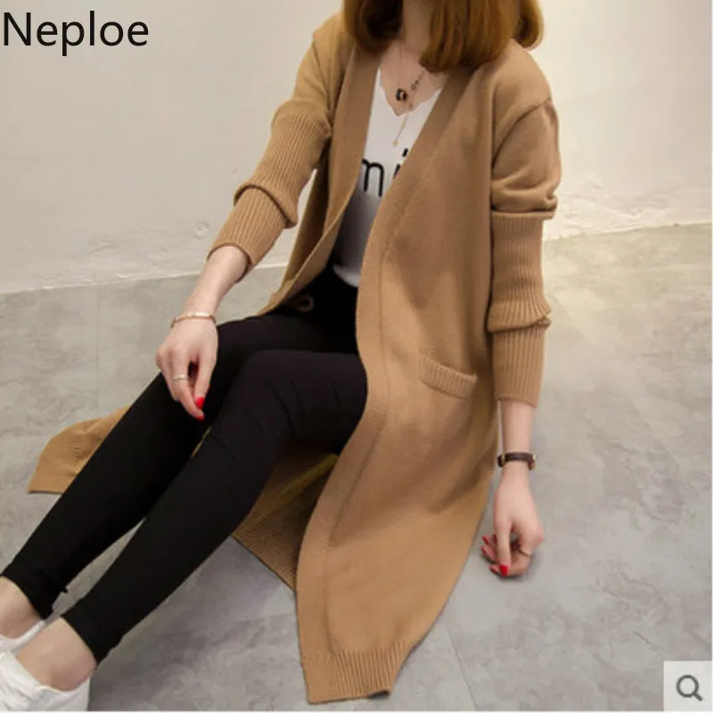 Neploe V Neck Long Knit Cardigans Femme Korean Loose Solid Sweater Women Autumn Winter New Sleeve Slim Pull 46320 |