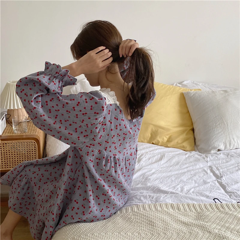 Осенняя ночная рубашка из пеньюар газовой ткани хлопка с принтом вишни рюшами и