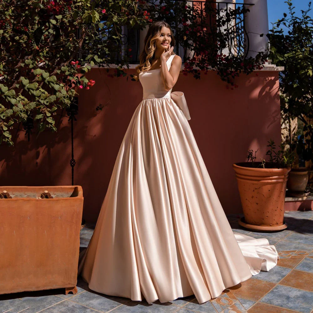 

Розовое Атласное Свадебное Платье soworthy с бантом и квадратным вырезом, Простое Элегантное платье для свадебной вечеринки, платье принцессы ...